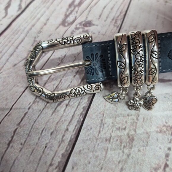 Brighton Belt Womens Med 32 Blue Leather Floral Embossed Western Silver Buckle - Picture 2 of 5